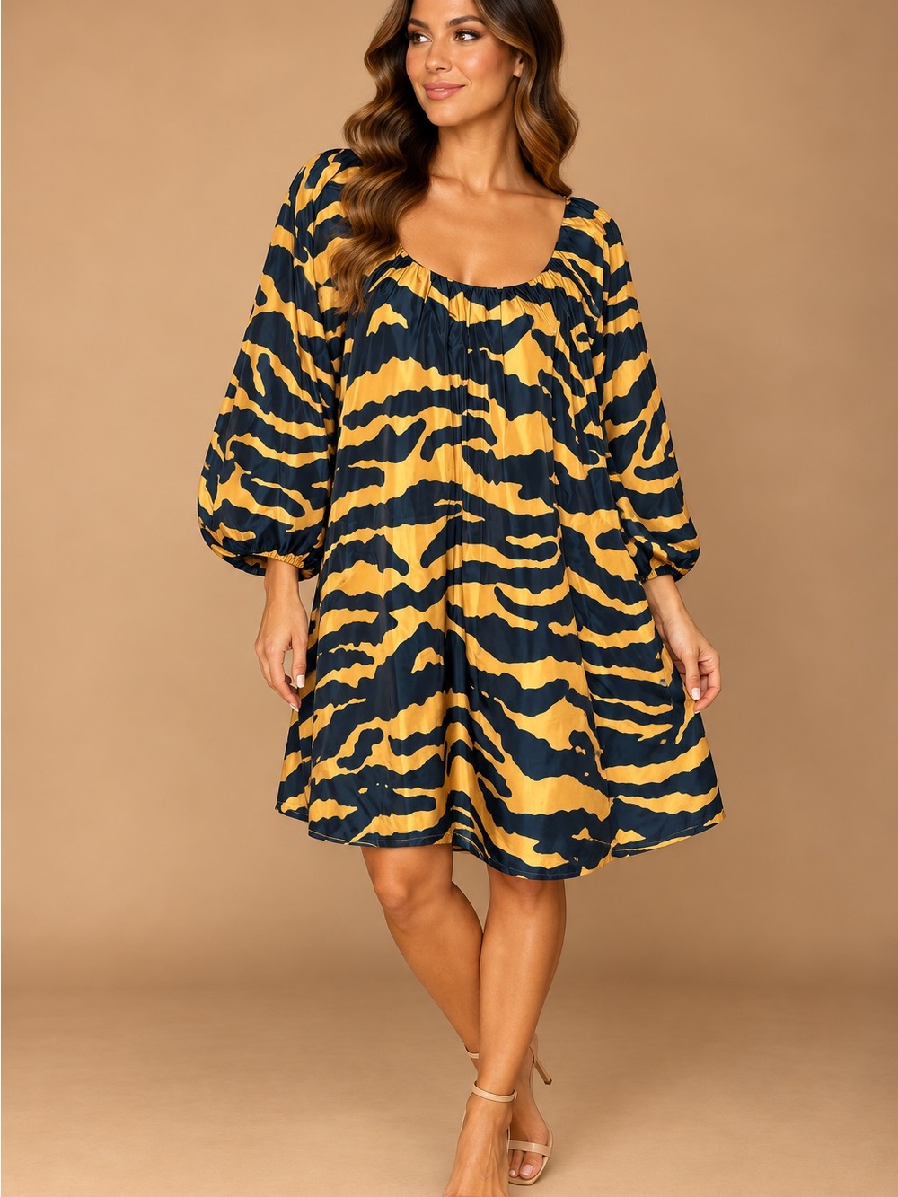 RHODE Black and Yellow Zebra-Print Puff-Sleeve Dress